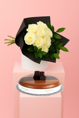 باقة ورد ابيض صغير - أناقة نقية مع 8 ورود بيضاء مع كيكة اني داني الصغيرة