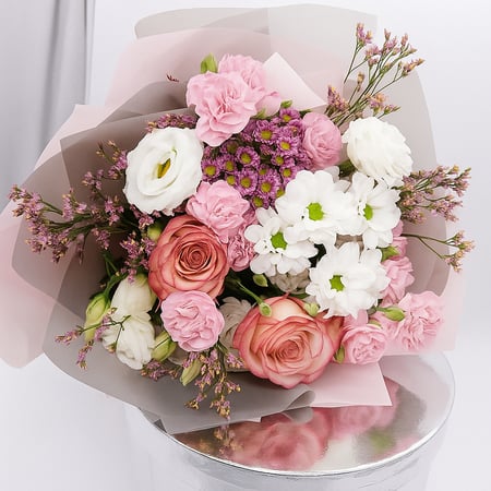باقة الحب الأبدي ورد وردي، أقحوان أبيض, وألوان أخرى خاصة مع باتشي او فيريرو