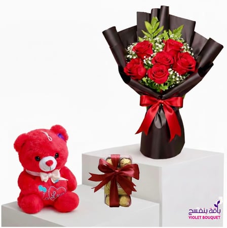 باقة / عيد ميلاد متكاملة مع ورد الجوري الاحمر مع شوكلاتة فيريرو او أنوش