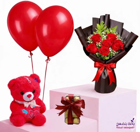باقة / عيد ميلاد متكاملة مع ورد الجوري الاحمر مع شوكلاتة فيريرو او أنوش