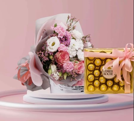 باقة الحب الأبدي ورد وردي، أقحوان أبيض, وألوان أخرى خاصة مع باتشي او فيريرو