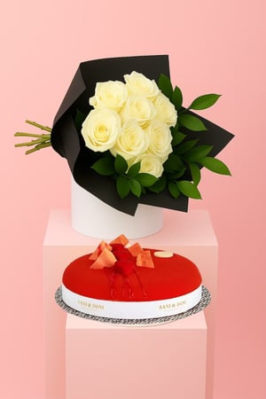 باقة ورد ابيض صغير - أناقة نقية مع 8 ورود بيضاء مع كيكة اني داني الصغيرة