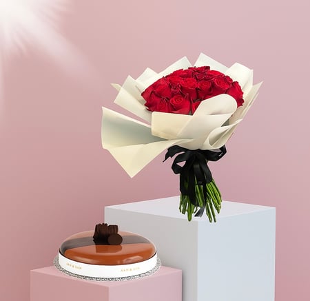باقة ورد حمراء فاخرة - 30 وردة للتعبير عن الحب مع كعكة شوكولاتة آني داني صغيرة