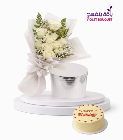 جمال وردي – باقة ورد وردي مع زنابق وأقحوان أنيقة مع الكيك اروى الصغيرة