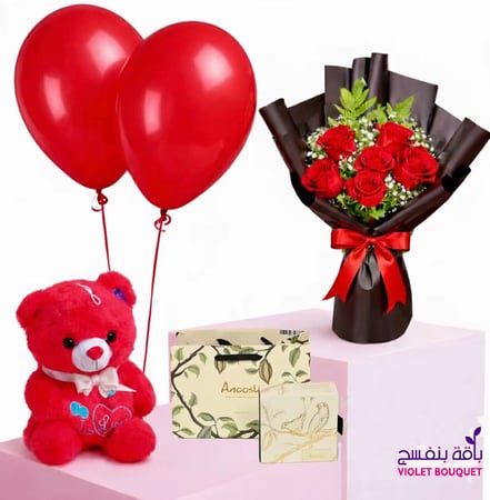 باقة / عيد ميلاد متكاملة مع ورد الجوري الاحمر مع شوكلاتة فيريرو او أنوش