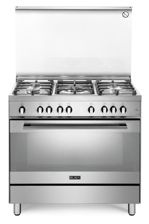 موقد غاز إلبا 90 سم فري ستاند – 5 شعلات + شعلة مزدوجة – فرن غاز 96 لتر – شواية دوارة – ستانلس ستيل – صناعة إيطالية – موديل FEX 965 FG SA