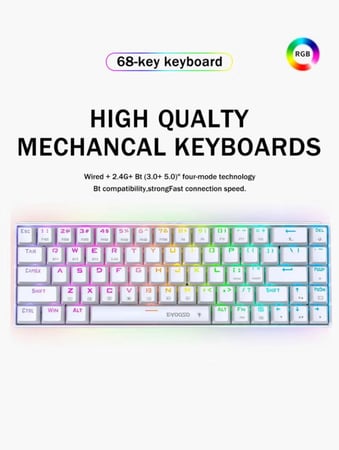 لوحة مفاتيح الألعاب الميكانيكية اللاسلكية Z686 بنسبة 65%، 68 مفتاح بإضاءة خلفية RGB ومفاتيح حمراء، تعمل بتقنية البلوتوث/2.4G/اتصال سلكي USB، متوافقة