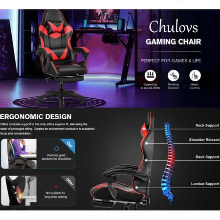 كرسي ألعاب عالي الظهر اسود واحمر مع مسند للقدمين ،