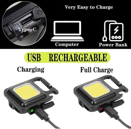 مصباح يدوي صغير 800 لومن فائق السطوع قابل لاعادة الشحن والحمل بـ4 اوضاع اضاءة، خفيف الوزن بدعامة قابلة للطي وفتاحة زجاجات وقاعدة مغناطيسية، للتخييم والصيد والمشي، يعلق في سلسلة المفاتيح من بروتون