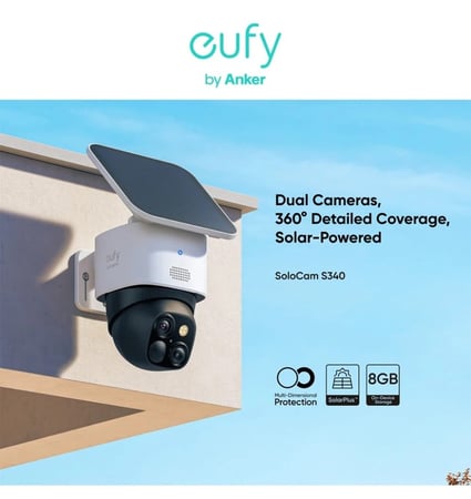 كاميرا مراقبة سولو كام S340 لاسلكية من eufy تعمل بالطاقة الشمسية للاماكن الخارجية من يوفي سيكيوريتي، كاميرا مراقبة منزلية 3 كيه، مراقبة 360 درجة،