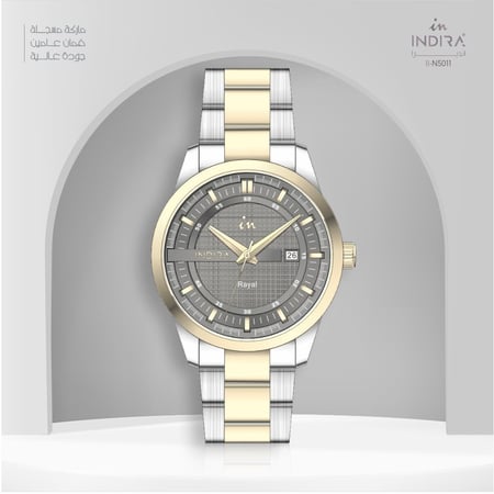ساعة رجالية انديرا استيل بلون ذهبي و فضي ميناء فضي
