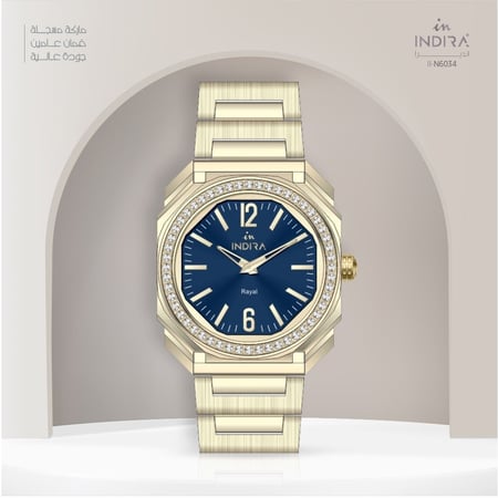 ساعة نسائية انديرا استيل بلون ذهبي ميناء أزرق