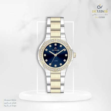 ساعة نسائية ديفوشي استيل بلون فضي و ذهبي ميناء أزرق