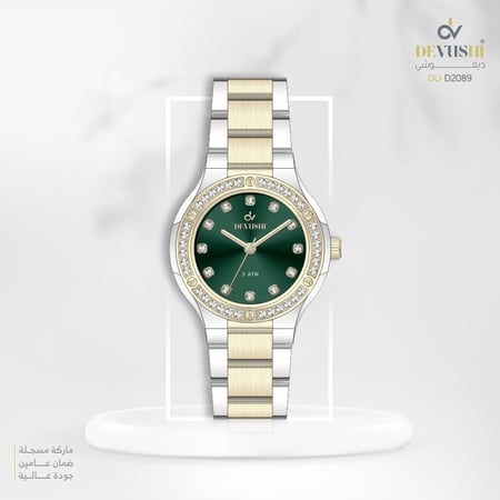 ساعة نسائية ديفوشي استيل بلون فضي و ذهبي ميناء أخضر