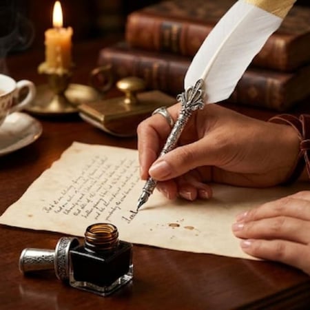 قلم ريشة أبيض بلمسة ذهبية ونقوش ملكية هدية تخرج فخمة