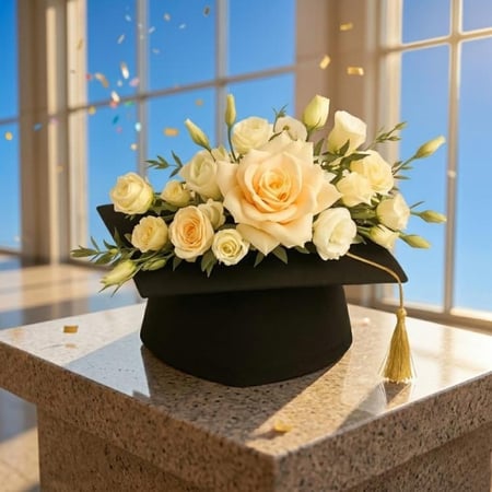 قبعة تخرج أنيقة مزينة بترتيب ورد صناعي فاخر