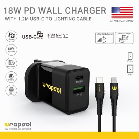 شاحن منزلي بمنفذين +كيبل أيفون تايب سي من WRAPSOL