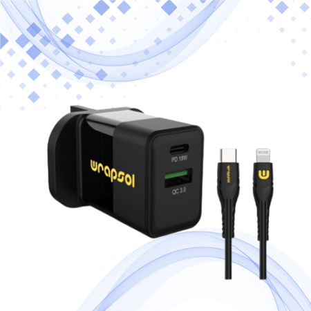 شاحن منزلي بمنفذين +كيبل أيفون تايب سي من WRAPSOL