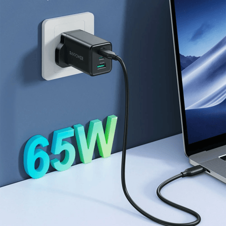 شاحن منزلي راف باور 65 واط  - منفذين PD + منفذ USB