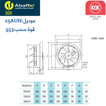 مروحة شفط جدارية بلاستيك KDK 25AUH مقاس 30*30