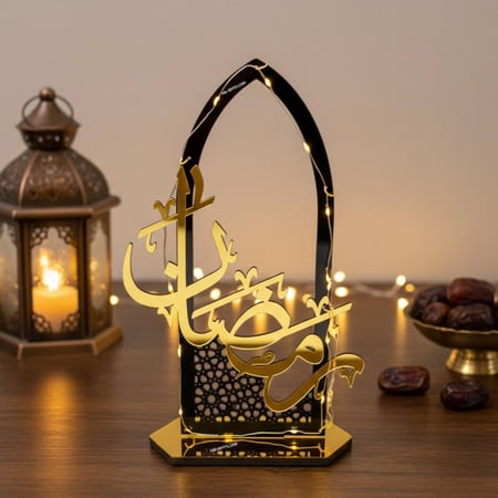 زينة رمضانية مضيئة بتصميم انيق لشهر رمضان مع كلمة رمضان باللون الذهبي