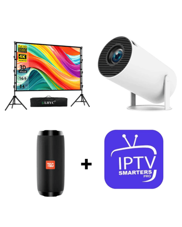 بكج ( بروجكتر + شاشة عرض محمولة 84 بوصة مع حامل ثلاثي + سماعة بلوتوث + اشتراك IPTV لمدة 6 اشهر )