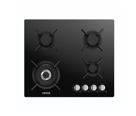 VENICE موقد غاز 60 سم زجاج أسود 4 شعلة شبك ثقیل - اشعال ذاتي -صمام أمان - مفاتیح أمامیة صنع في ایطالیا