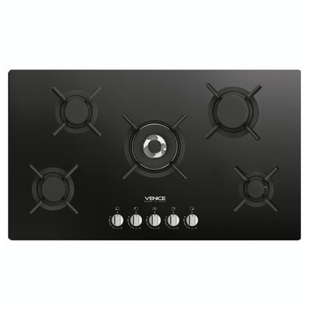 VENICE موقد غاز 90 سم زجاج أسود 5 شعلة شبك ثقیل منفصل - شعلة ثلاثیة - اشعال ذاتي كھربائي صمام أمان - مفاتیح أمامیة صنع في ایطالیا
