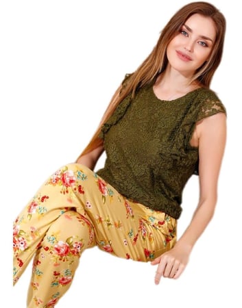 بجامة قطن مصري نسائية اخضر غامق عصرية مدعمه بالدانتيل