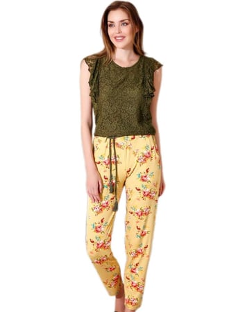 بجامة قطن مصري نسائية اخضر غامق عصرية مدعمه بالدانتيل