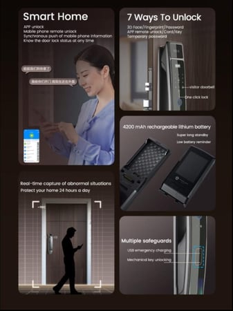 قفل الباب الذكي الطولي المزوّد بكاميرا خارجية