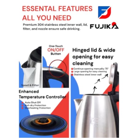 فوجيكا غلاية ماء من الستانلس ستيل - 1.8 ليتر - فضي - FJK-180