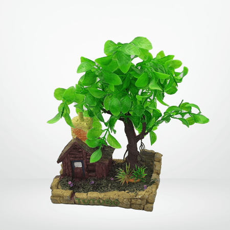 ديكور لاحواض السمك شكل الكوخ والشجرة الكبيرة مع منفذ اوكسجين مقاس 22x9x14