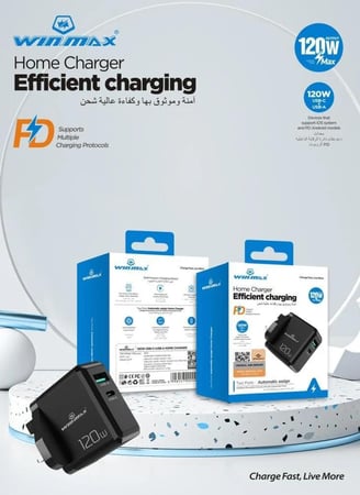 شاحن سريع بقوة 120 واط بمنفذين (USB-A و USB-C) يدعم الشحن السريع