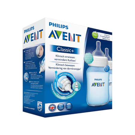 ايفنت كلاسيك  2 رضاعة مزدوجة بلاستيك 260  مل (+1 شهور)-AVENT CLASSIC+ BOTTLE 260 ML BLUE