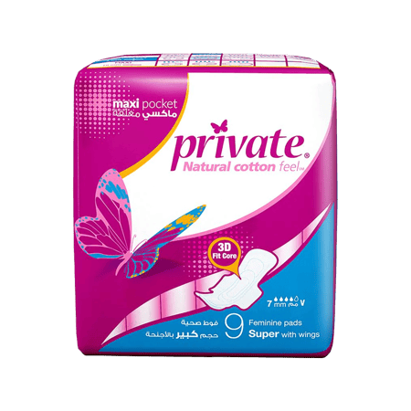 برايفت سوبر فوط صحية نسائية  بالاجنحة 9 حبة-PRIVATE SUPER W/WINGS 9''
