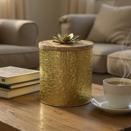 علبة حديد هندي بغطاء خشب ومسكة حديد