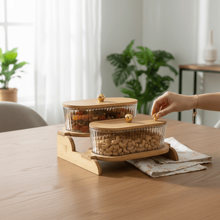 طقم تقديمة زجاج باستاند خشب