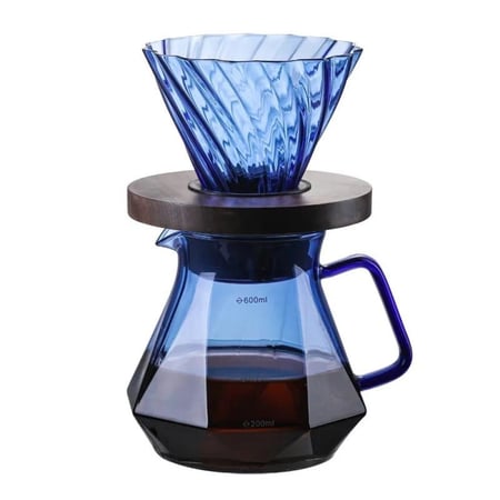 طقم V60 قمع مع سيرفر زجاجي فاخر ازرق 02 مع قاعدة خشبية 600 مل