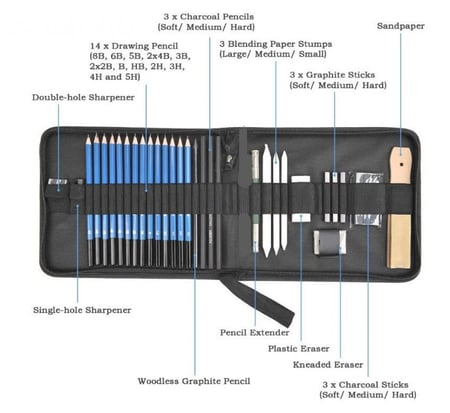 مجموعة أقلام الرسم الاحترافية H&B - 34 قطعة/المجموعة من معدات رسم فنية للرسم والرسم مع حقيبة حمل وحقيبة حمل ماركة الرسام 34 قطعة مع حقيبة