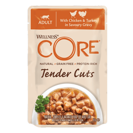 ويلنس كور طعام رطب بنكهة الدجاج مع الديك الرومي في المرق للقطط البالغة 85 جم