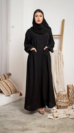 عبايه كم مطاط و بجيوب أمامية