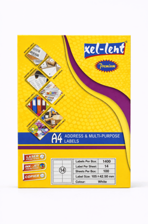 استيكر طباعة A4 متعدد الاستخدام Xel-Lent Premium – 14 ملصق في الورقة، مقاس 105×42.3 مم (100 ورقة)