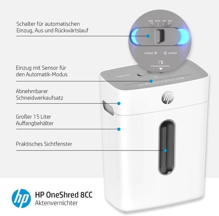 فرامة ورق إتش بي OneShred 8CC – مستوى أمان P-4، تقطيع حتى 8 أوراق، سعة 15 لتر (أبيض)