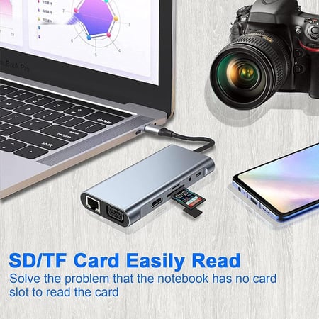 موزع USB C، محول USB C 11 في 1 دونجل مع HDMI 4K وVGA وType C PD وUSB3.0 وRJ45 ايثرنت وقارئ بطاقات SD/TF ومدخل AUX 3.5 ملم، قاعدة شحن متوافقة مع ماك بوك برو/اير، اجهزة اللابتوب الاخرى من النوع C