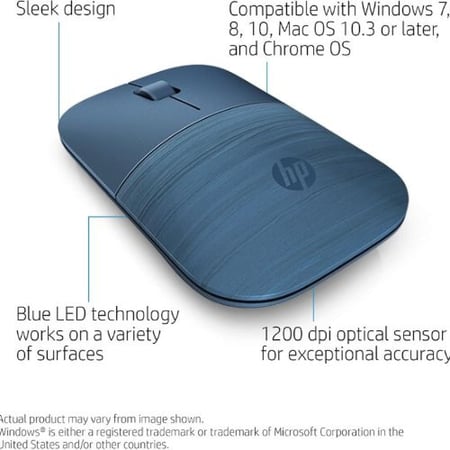 HP ماوس لاسلكي Z3700، اتصال USB دونجل 2.4 GHz، تقنية LED زرقاء، دقة 1200 نقطة لكل بوصة، بطارية 16 شهر، اتصال حتى 10 متر، ضمان لمدة عامين، صغير الحجم، محمول، ازرق لوميير - 7UH88AA