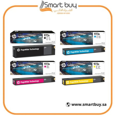 حبر اتش بي 973X اصلي طقم 4 الوان اسود . ازرق . اصفر . ارجواني