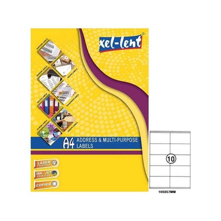 استيكر طباعة A4 متعدد الاستخدام Xel-Lent Premium – 10 ملصقات في الورقة، مقاس 105×57 مم (100 ورقة)