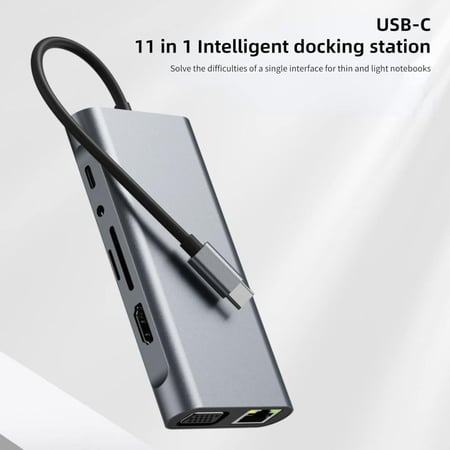 موزع USB C، محول USB C 11 في 1 دونجل مع HDMI 4K وVGA وType C PD وUSB3.0 وRJ45 ايثرنت وقارئ بطاقات SD/TF ومدخل AUX 3.5 ملم، قاعدة شحن متوافقة مع ماك بوك برو/اير، اجهزة اللابتوب الاخرى من النوع C