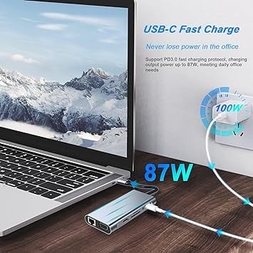 موزع USB C، محول USB C 11 في 1 دونجل مع HDMI 4K وVGA وType C PD وUSB3.0 وRJ45 ايثرنت وقارئ بطاقات SD/TF ومدخل AUX 3.5 ملم، قاعدة شحن متوافقة مع ماك بوك برو/اير، اجهزة اللابتوب الاخرى من النوع C
